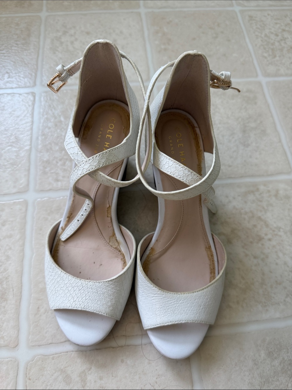 Cole Haan White Textured Cross-Strap Open-Toe Heels